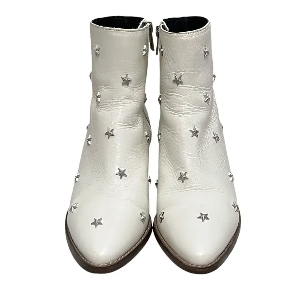 Zadig & Voltaire Tyler Star Stud Leather Ankle Boots White Western EU 37 US 6